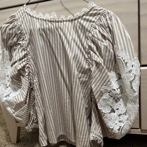 Olivaceous Beige Striped Blouse with White Lace Sleeves